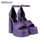 Processing time:4-7days after placing orders Two-double Platform Shoes Summer Ankle Strap Crystal Party Wedding Shoes  Luxury Designer Peep Toe Chunky Heels Women's Sandals