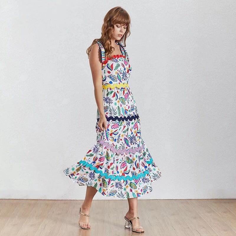 Designer Runway Summer Party Plus Size Long Dress Elegant Retro Flower Printed Spaghetti Strap Beach Dresses