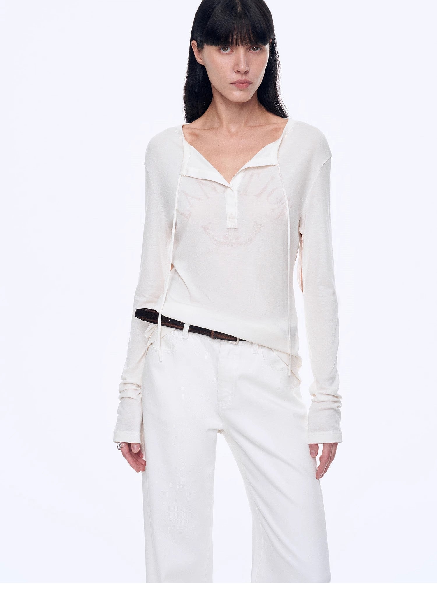 "Minimal Message" ethnic print modal knit henley collar tie long sleeve T-shirt top