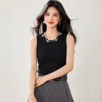 Chic Beaded Strapless Top for Women Spring and Autumn Sleeveless T-Shirt, Fitted Knitwear, Blazer Inner Layer