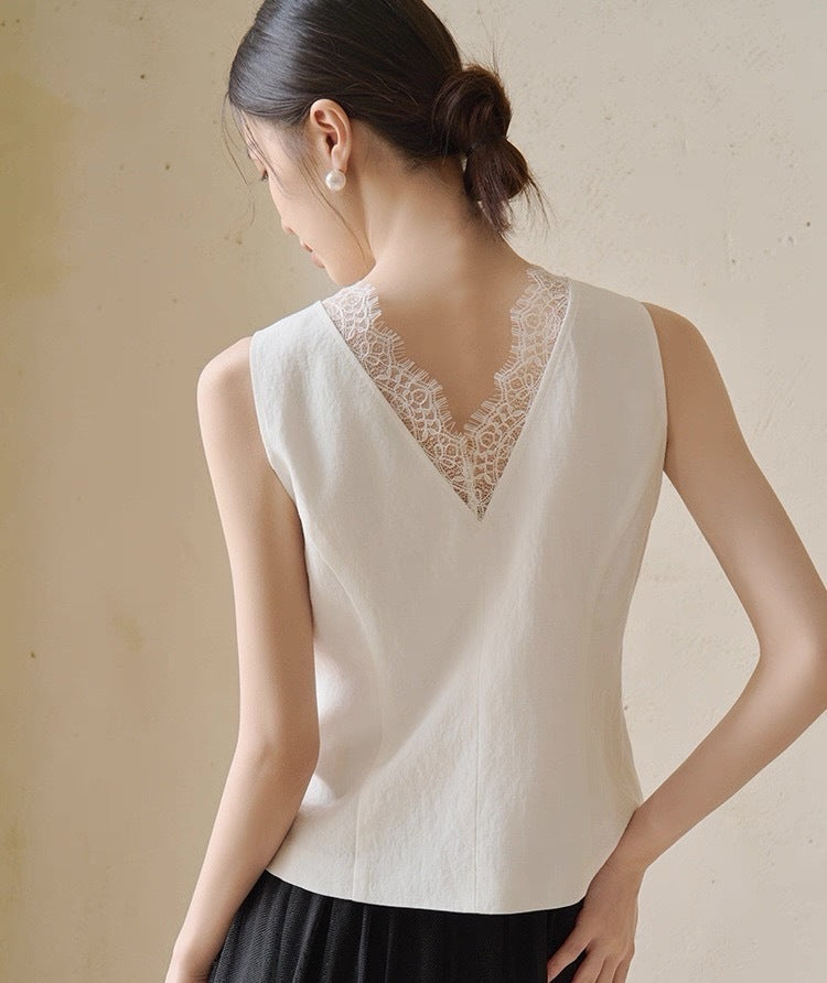 Heavyweight Tencel Linen Lace Vest Shirt High-Waisted Design Pants Three-Piece Set