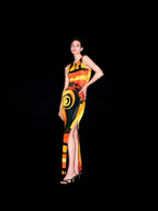 Cnyishe Fashion Pattern Print Sexy Long Dress Women Casual Sleevelss Split O-neck Slim Sheath Bodycon Vestidos Robes For Female