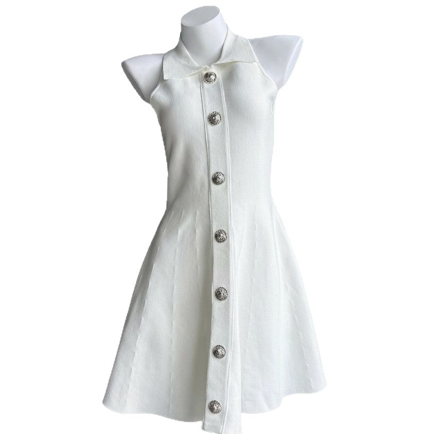 Elegant Sleeveless A-Line Dress with Notched Collar and Fitted Waist, Chic Petite Design