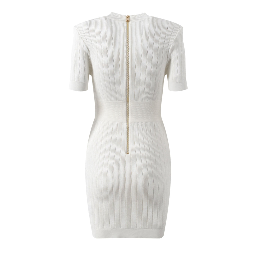 French style small fragrance metal buckle light luxury socialite temperament fashionable V-neck short sleeved slim fit knit dress