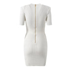 French style small fragrance metal buckle light luxury socialite temperament fashionable V-neck short sleeved slim fit knit dress