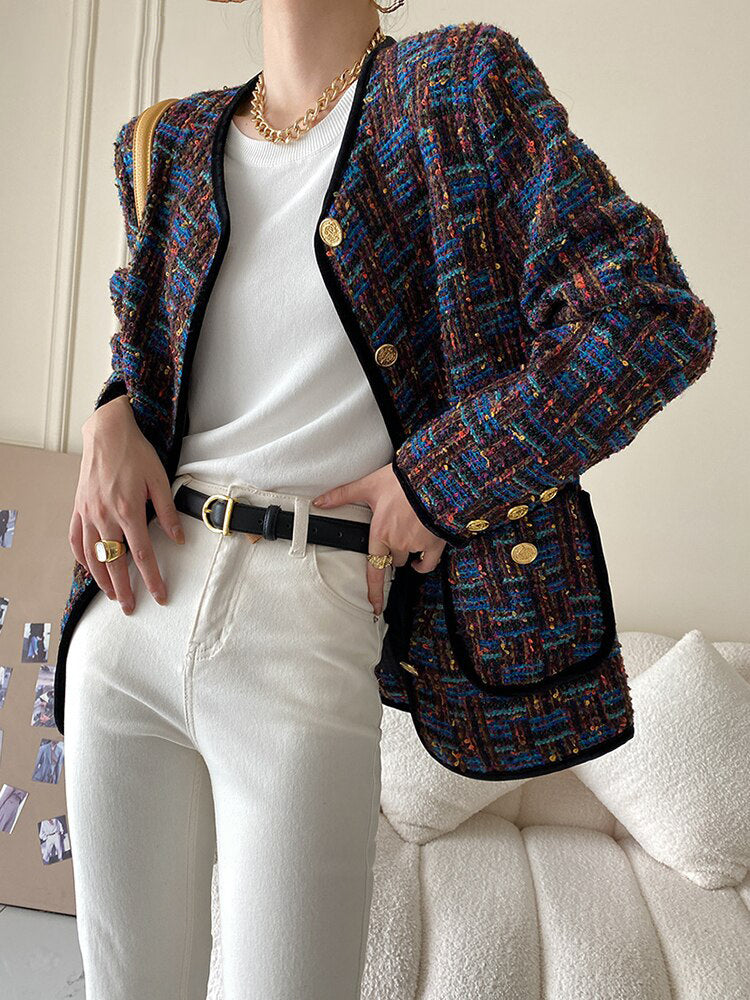 Fashion Women's Jackets New Tweed Round Neck Loose Single Breasted Long Sleeve Lattice Coat Female Autumn