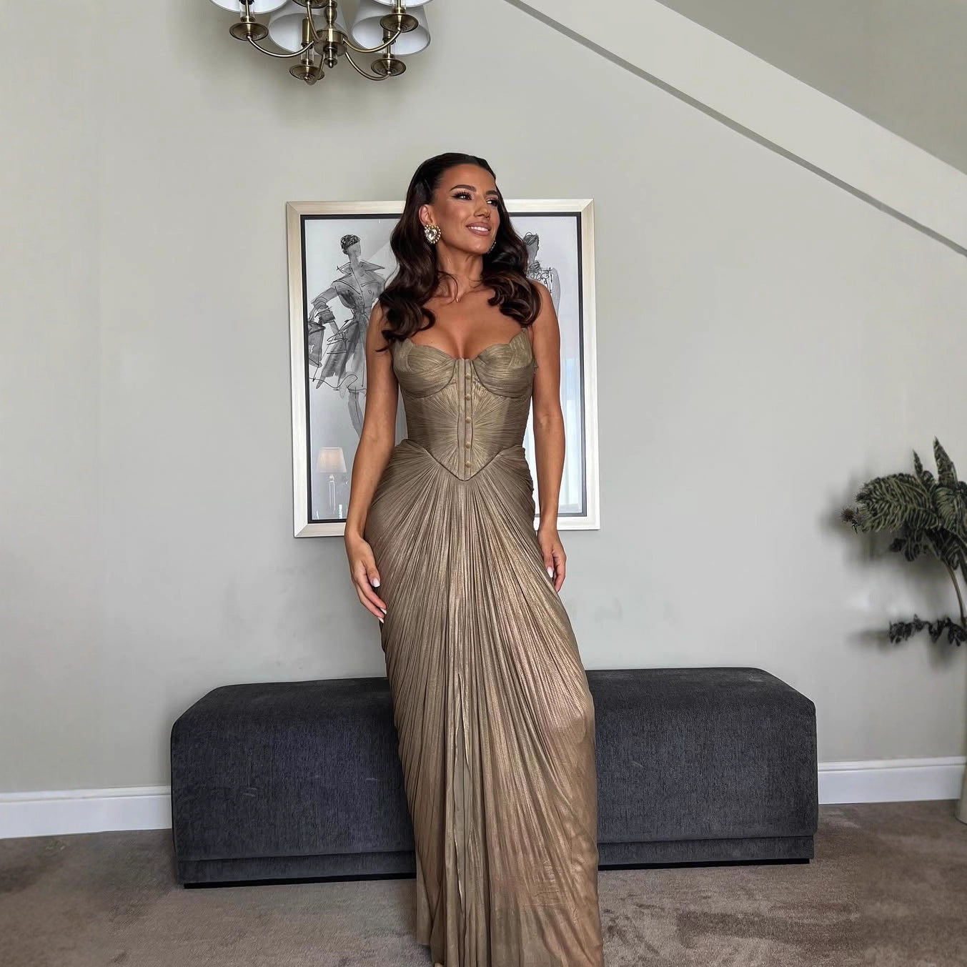 Pleated Gold Foil Tie-up A-line Dress for Casual Party with Slit Design