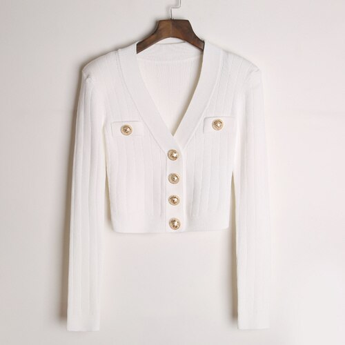 Brand Spring Clothes for Women Luxury V-neck Long Sleeve Knitted Sweater Mujer White Black Pink Cardigan Femme
