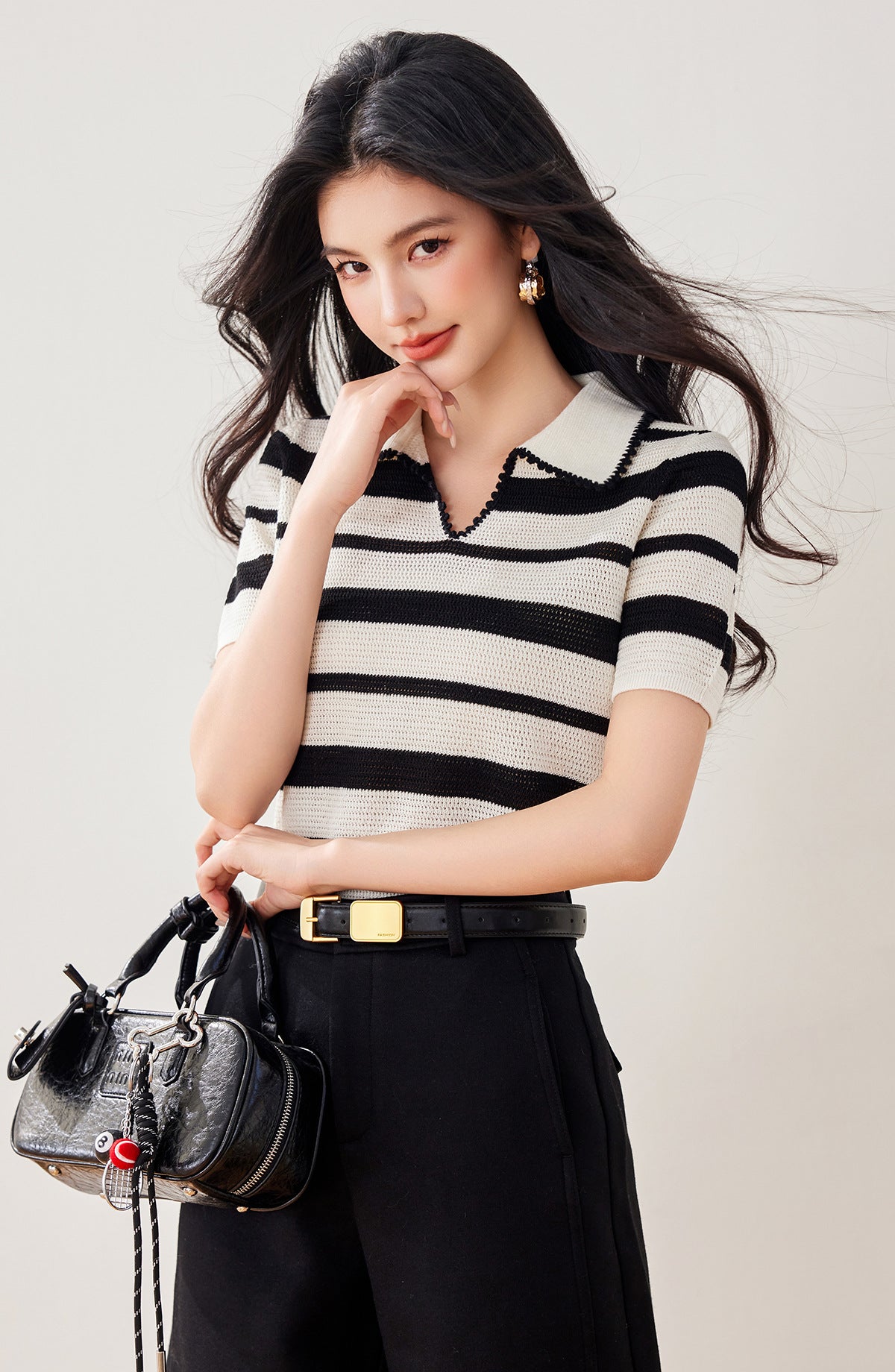 Style Luxury Hand-Crocheted Stripe V-Neck Polo Short Sleeve T-Shirt