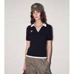 Chic Color-Blocked Slim Fit Knit Top for Women, Short Sleeve, Turn-Down Collar, Lightweight, Casual Black T-Shirt