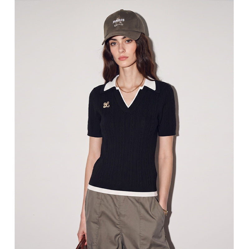 Chic Color-Blocked Slim Fit Knit Top for Women, Short Sleeve, Turn-Down Collar, Lightweight, Casual Black T-Shirt