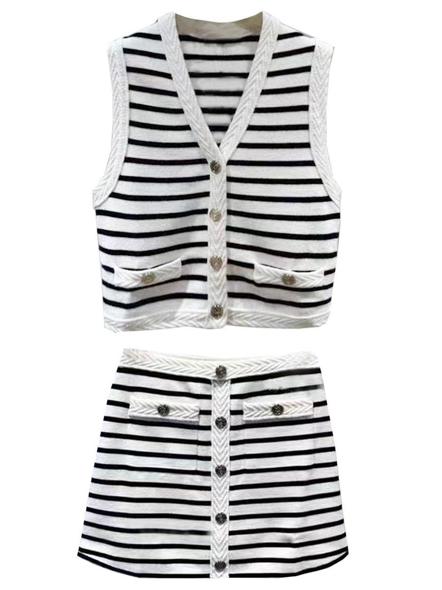 Striped knit vest+A-line skirt V-neck patchwork short top