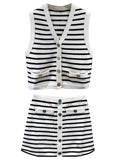 Striped knit vest+A-line skirt V-neck patchwork short top