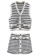 Striped knit vest+A-line skirt V-neck patchwork short top