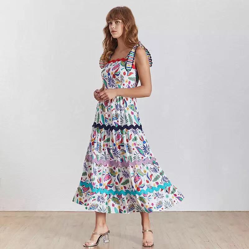 Designer Runway Summer Party Plus Size Long Dress Elegant Retro Flower Printed Spaghetti Strap Beach Dresses