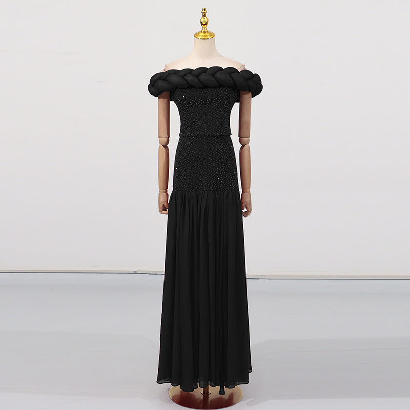 Pure Black Ball Gown High-End Formal Dress Women's Summer Strapless Waist-Cut Top Long Skirt Unique Set