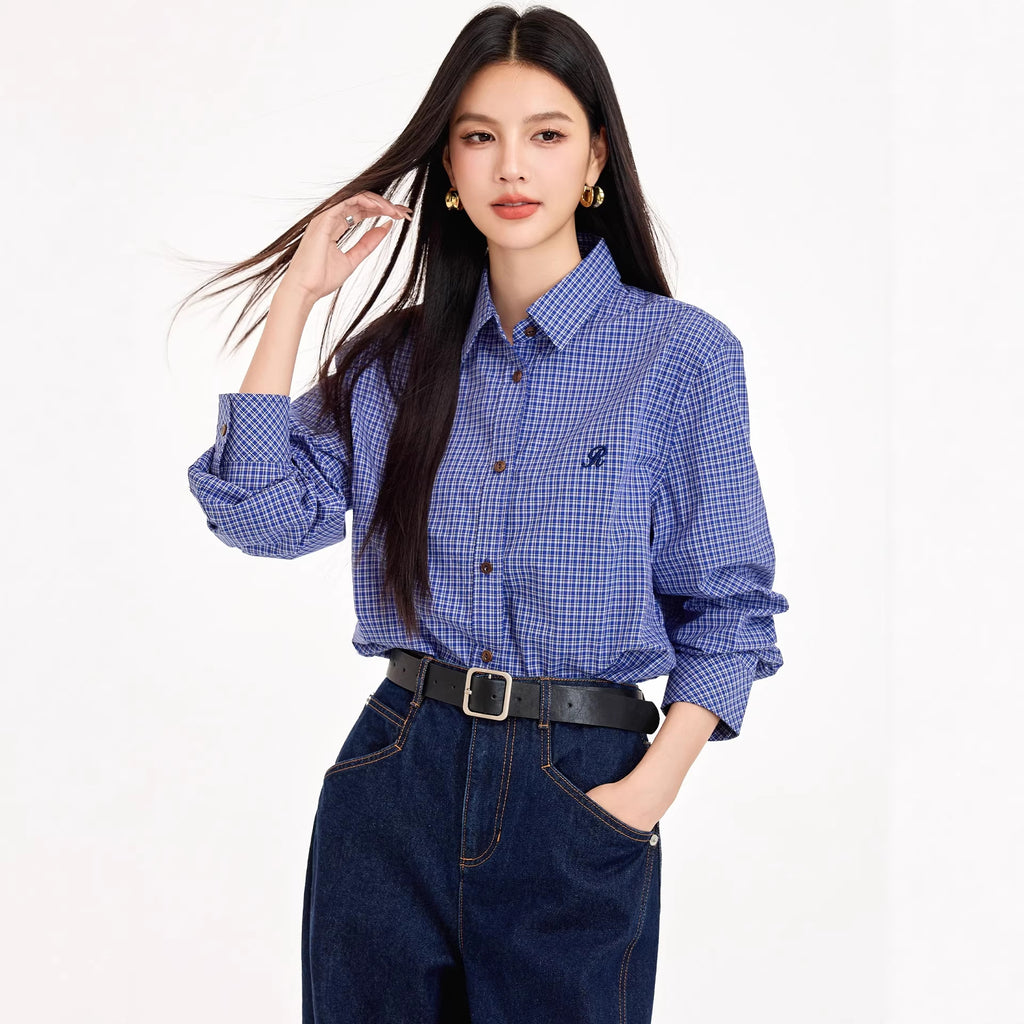 Vintage Versatile MIU-inspired Blue Checkered Shirt for Women Casual and Elegant Blouse