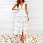 Simple Design Solid Color Cake Skirt Summer New Sexy V-Neck Hook Flower Hollow Stitching Dress