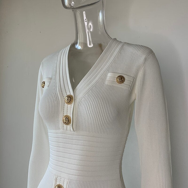 White Short-Sleeved Gold Four-Button Small V-Neck Sexy Waist Summer Knitted Dress Is Elastic And Gentle Light Luxury