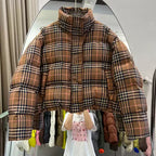 Loose  Retro Checkered Short Cotton Coat for Women, Fashionable Designer Puffer Jacket, Casual Winter Outwear
