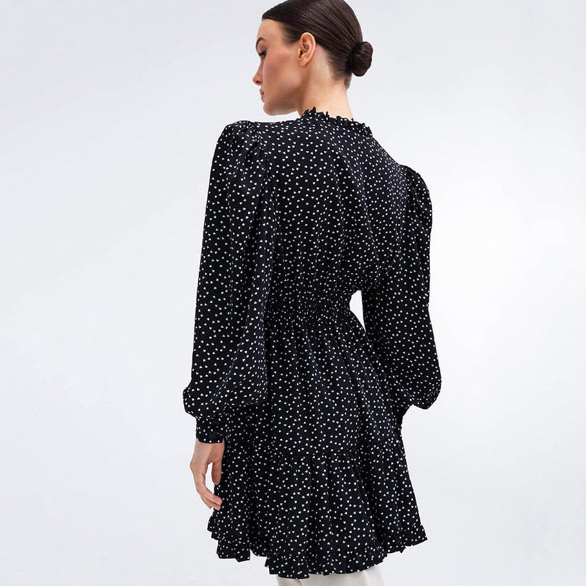 Women European And American Ins Short Skirt Lantern Sleeves Sexy Hollow Air Quality A Line Skirt Polka Dot Dress
