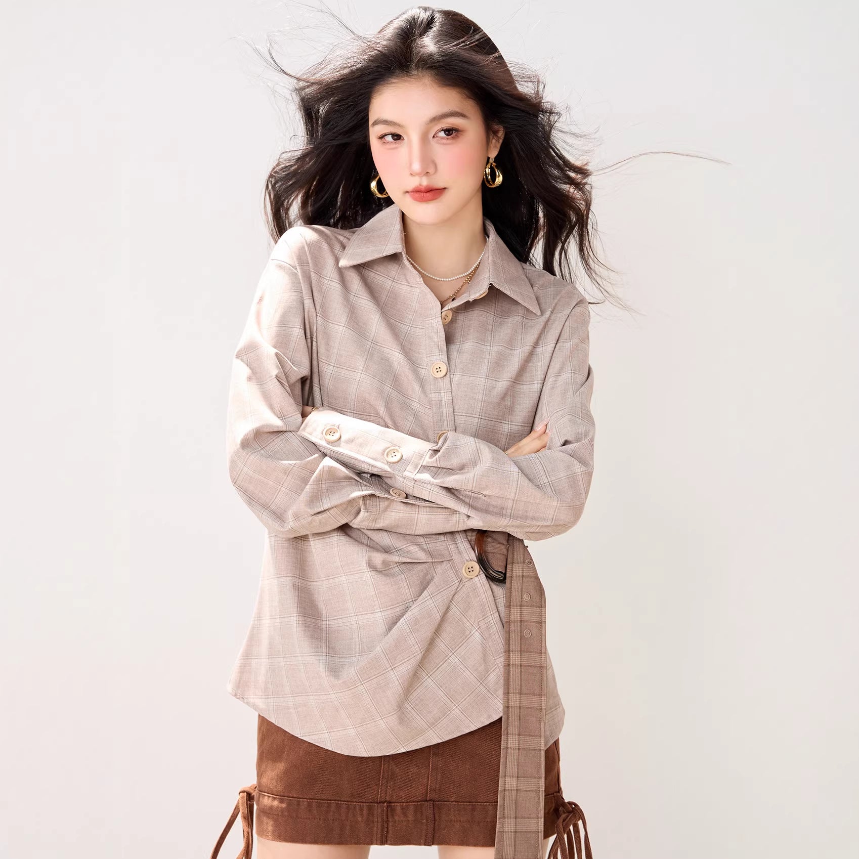 Thousand bird plaid waistband shirt for women's spring new design, retro loose long sleeved shirt top