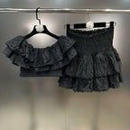 Embroidery Patchwork Two-piece Sets Summer New Square Collar Short Sleeve Ruffles T-shirt + Mini Skirts Elegant