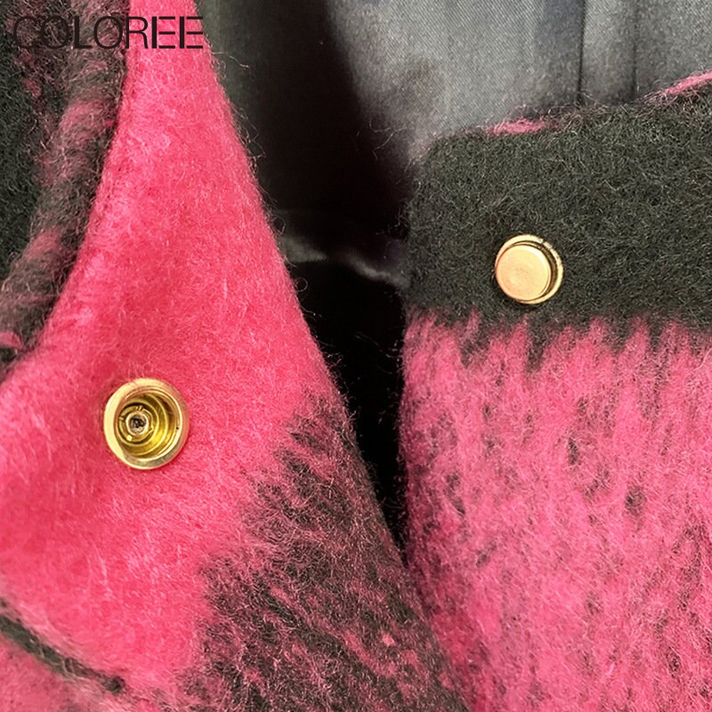 Pink Plaid Women Jacket 2023 Autumn Winter Luxury Gold Buttons Wool & Blends Coat Korean Fashion O-neck Short Chaqueta Mujer