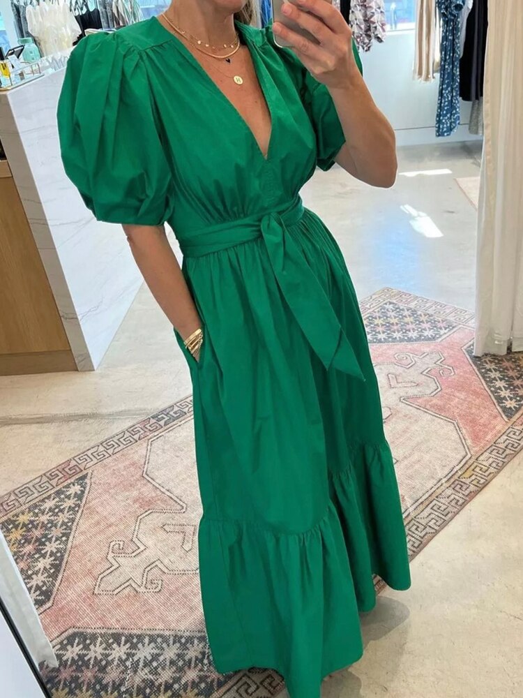 Elegant Solid Puff Sleeve Dress Office Lady Light luxury Deep V Woman Leisure ComfortableMidi A-line Casual Ruffle Dress