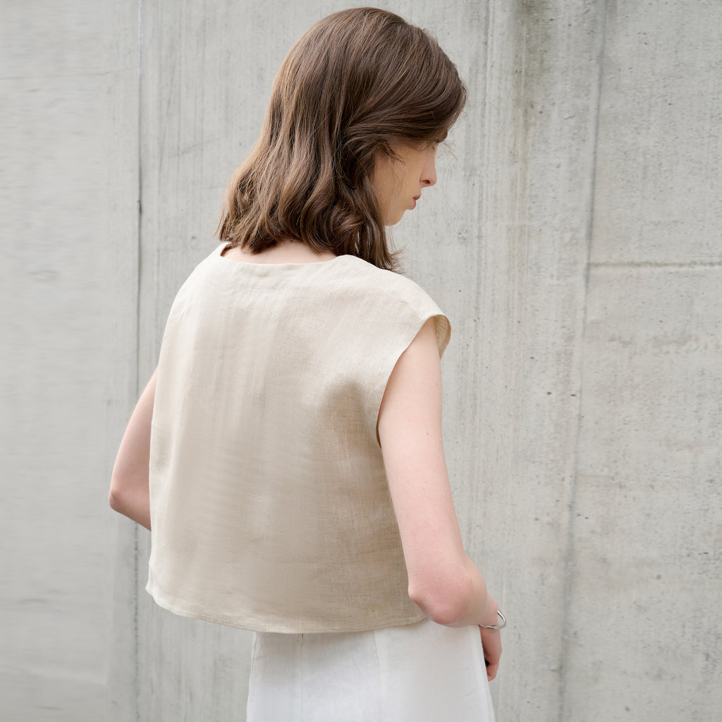 High-Grade Pure Linen V-Neck Short Top Loose Old Money Style Women's T-Shirt Sleeveless Tank Top