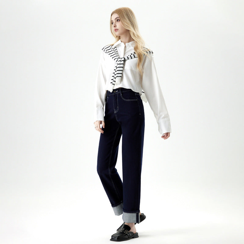 Women's Blue Wide-leg Jeans High-waisted Slimming Straight Leg Nine-point Pants