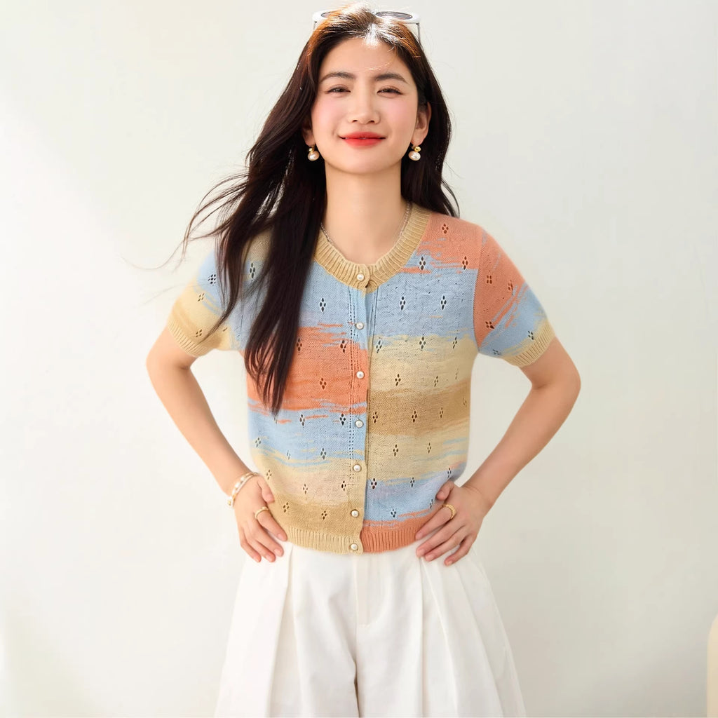 Simple  Yellow Round Neck Gradient Hollow-out Short Sleeve Knit Cardigan for Women, Summer Fashion Casual Top