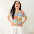 Simple  Yellow Round Neck Gradient Hollow-out Short Sleeve Knit Cardigan for Women, Summer Fashion Casual Top