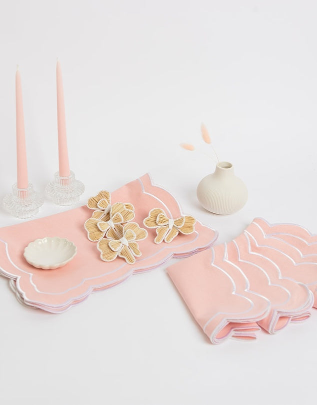 Linen Table Placemat and Napkins Set with Embroidered Scalloped Edges