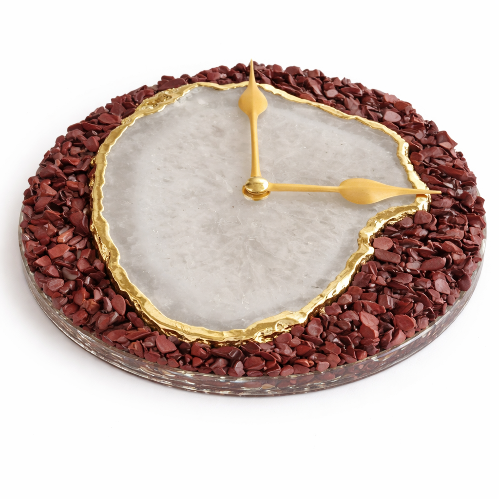 6" Diameter Burnt Red Crystal With White Agate Wall Clock