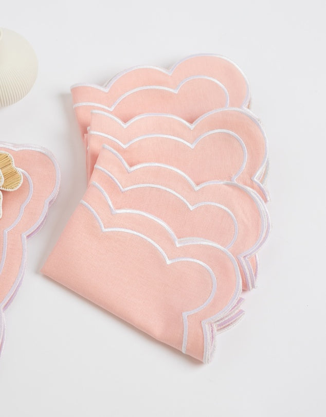 Linen Table Placemat and Napkins Set with Embroidered Scalloped Edges