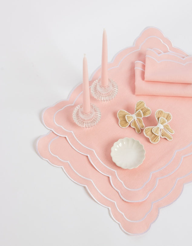 Linen Table Placemat and Napkins Set with Embroidered Scalloped Edges
