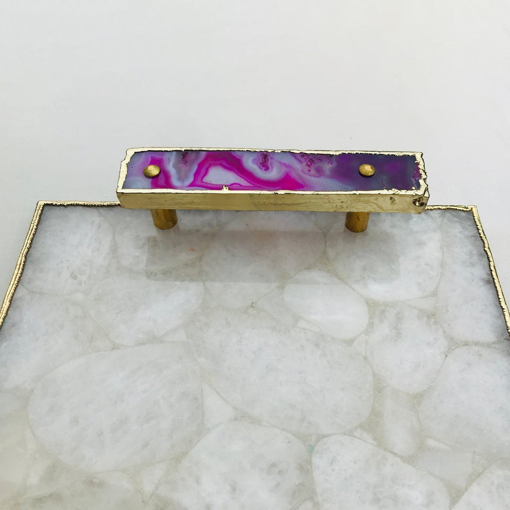 White Crystal Agate Plated Serving Tray With Pink Agate/Onyx Handles/Personalised Momentos/Sign Boards