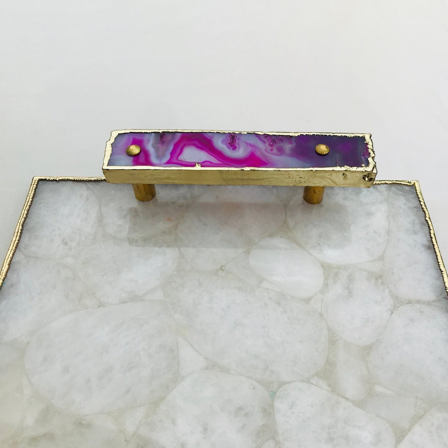White Crystal Agate Plated Serving Tray With Pink Agate/Onyx Handles/Personalised Momentos/Sign Boards