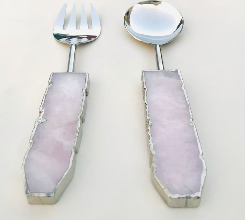 Rose Quartz Agate Salad Server - Set of 2