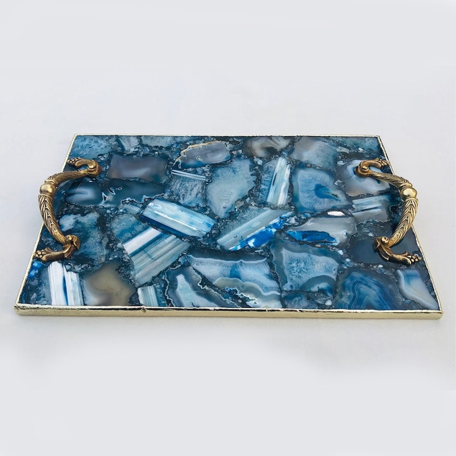 Blue Agate Serving Tray With Brass Handles