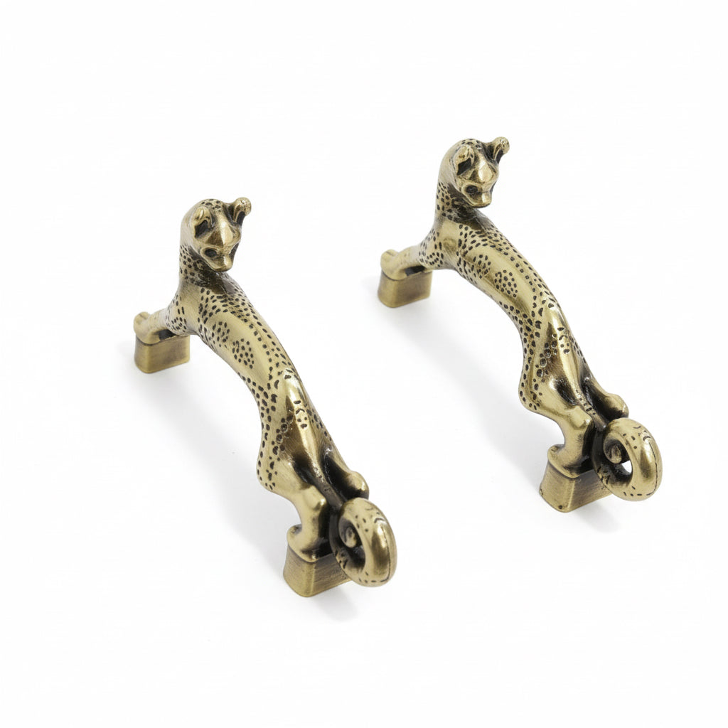 Leaping Leopard Brass Cabinet Handles | Antique Brass (Set of 2)