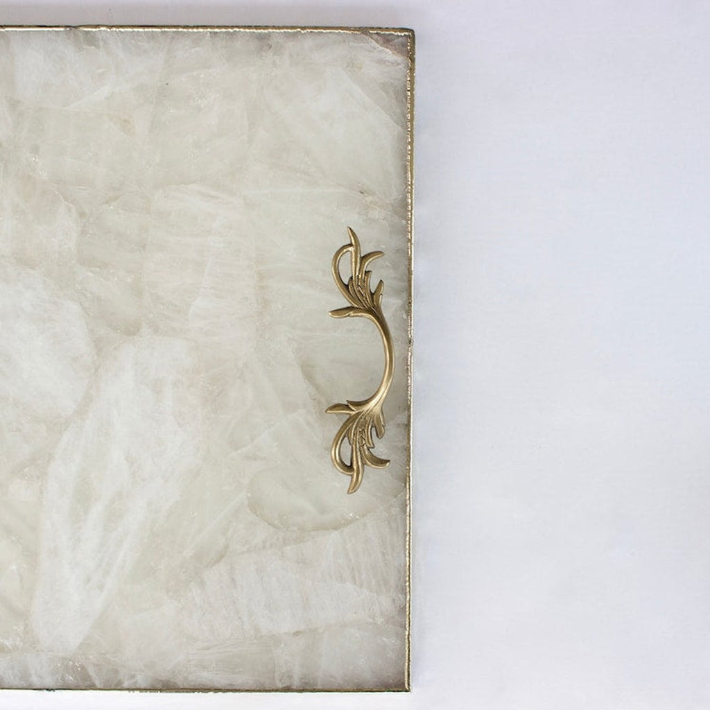 White Agate Serving Tray With Brass Handles | Square