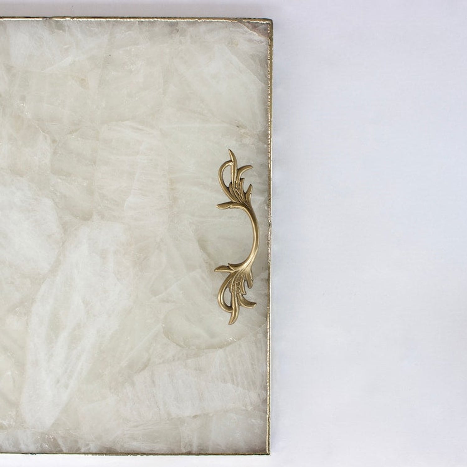 White Agate Serving Tray With Brass Handles | Square