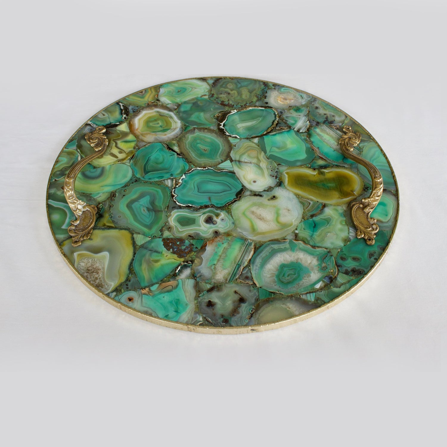 Green Agate Serving Tray With Brass Handles | Circular