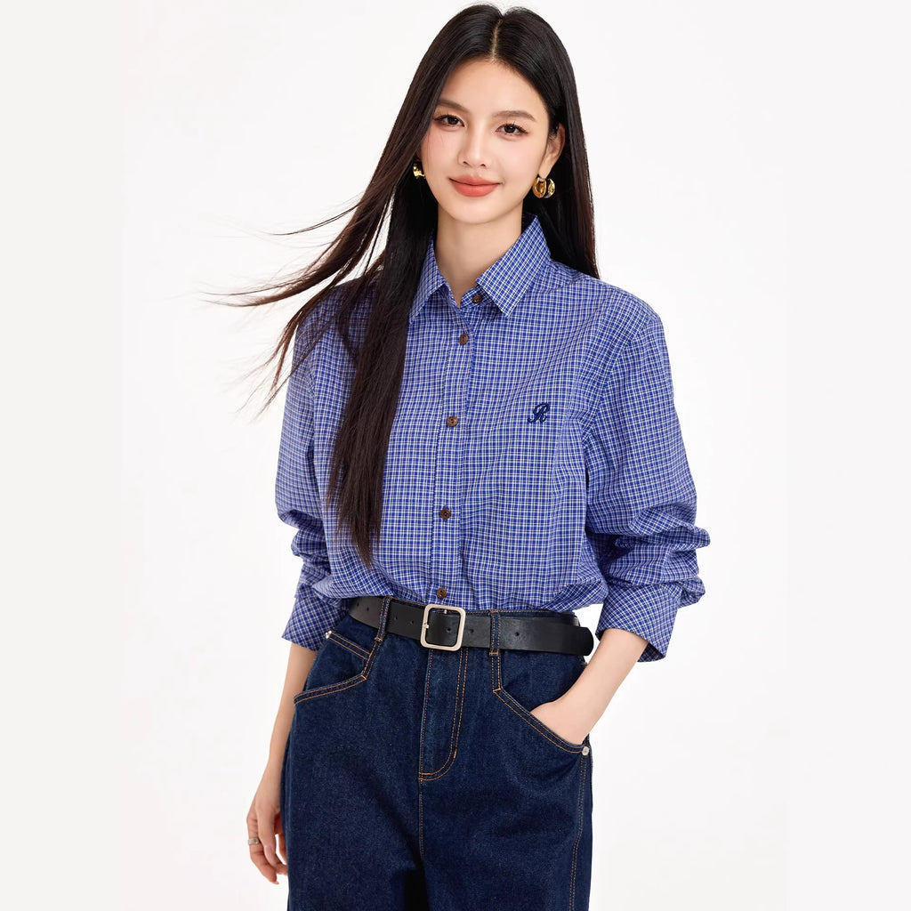 Vintage Versatile MIU-inspired Blue Checkered Shirt for Women Casual and Elegant Blouse