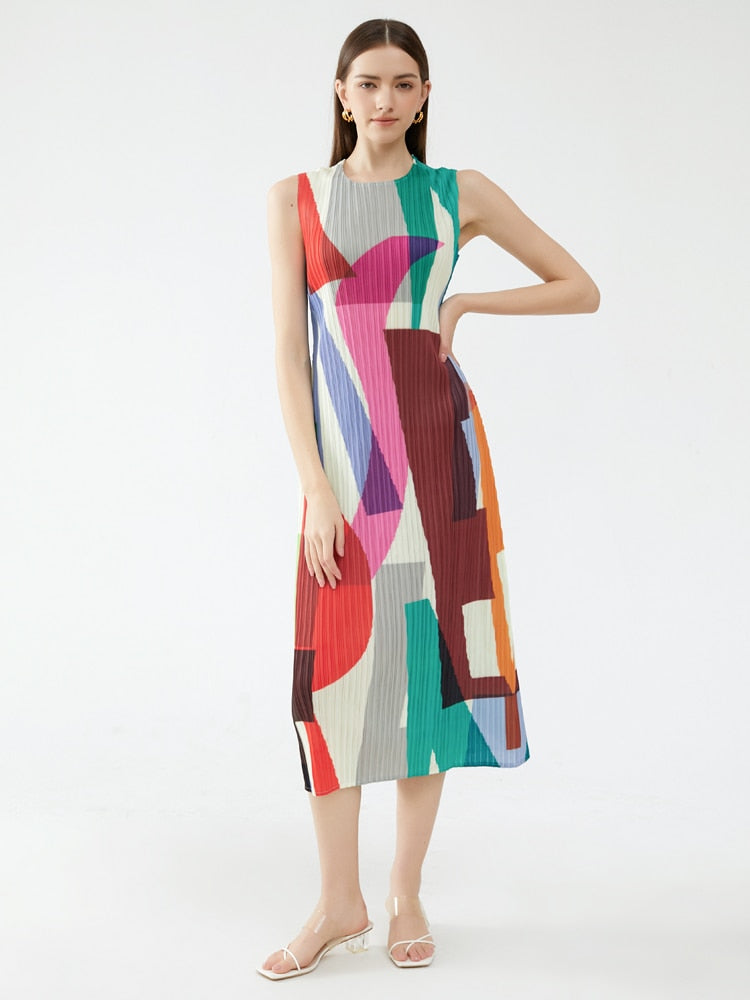 Pleated Sleeveless Square Printed Vest Long Dress Women Summer New Korean Fashion Causal Aesthetic Designer Clothes