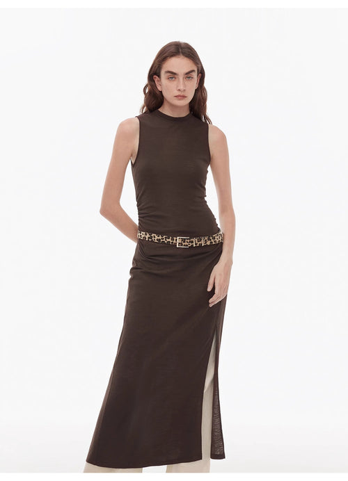 "Half Summer Ball" Fine Wool Blend Sleeveless Slit Long Knit Dress