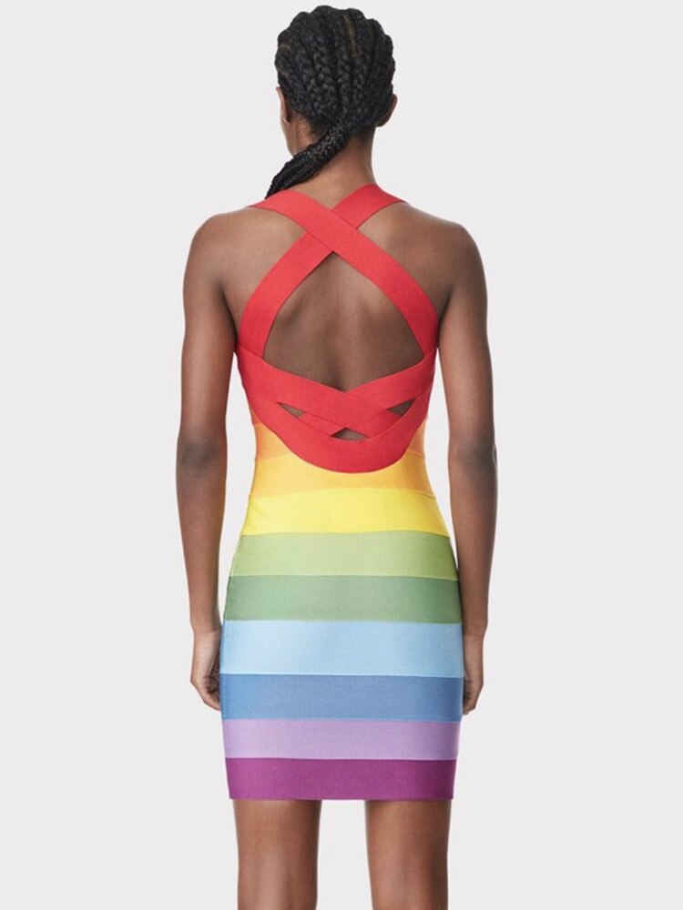 New Women Summer Sexy Backless  Gradient Striped Pink Mini Bodycon Bandage Dress Elegant Evening Party Club Dress