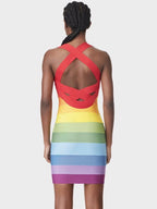 New Women Summer Sexy Backless  Gradient Striped Pink Mini Bodycon Bandage Dress Elegant Evening Party Club Dress